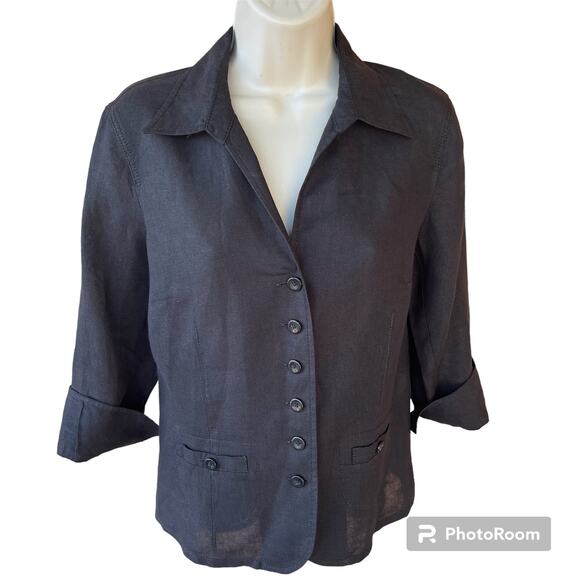 Talbots Irish Linen Button Front V Neck Jacket Blazer 3/4 Cuff Sleeves Black 6 - Picture 1 of 8